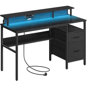 SONGMICS Bureau gaming avec lumières led et multiprise 2 tiroirs 2 ports usb, Noir Boisé / 135L cm pas cher