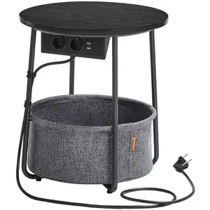 VASAGLE Petite table basse ronde avec rangement, Noir Boisé + Gris Ardoise / avec prise électriqueVendu parsongmics