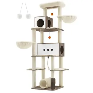 Feandrea Arbre à chat 197 cm avec 2 niches 2 paniers 4 griffoir, Grège chiné pas cher