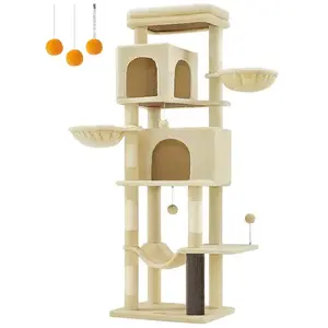 Feandrea Grand arbre à chat hauteur 175 cm 2 paniers 5 griffoirs, Beige Sable pas cher
