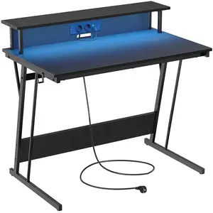 VASAGLE Bureau gaming avec led et multiprise pour 2 ordinateurs, Noir Carbone / 60P x 100L cm pas cher