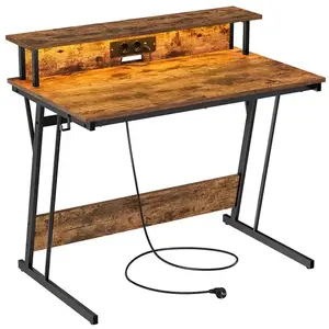 VASAGLE Bureau gaming avec LED et multiprise, Marron Rustique / 100L x 60P cm pas cher