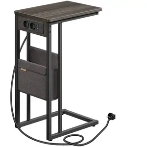VASAGLE Table d’appoint en forme de c 2 ports usb et prises, Marron Cendré