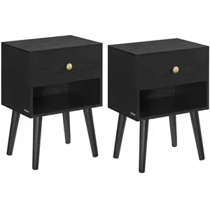 VASAGLE Tables de chevet avec tiroir et compartiment ouvert pieds en bois noir boisé, Noir Boisé / 2 pas cher