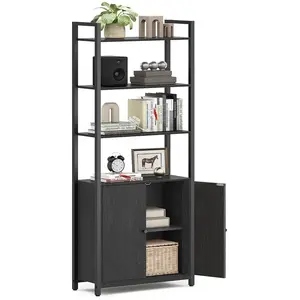 VASAGLE Bibliothèque verticale à 6 niveaux avec porte structure en métal, Noir Boisé + Noir D’encre / 60L cm pas cher