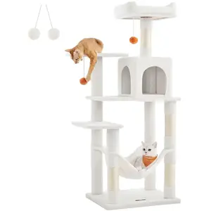 Comparateur de prix : FEANDREA Arbre à chat avec hamac 143 cm, Blanc Crème / L (55 x 45 x 143 cm)