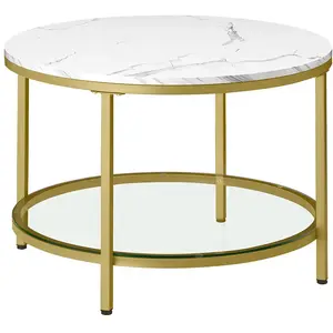 VASAGLE Table basse style moderne blanc marbré et doré métallique, Blanc Marbré + Doré Métallique / 65 x 65 x 46 cm pas cher