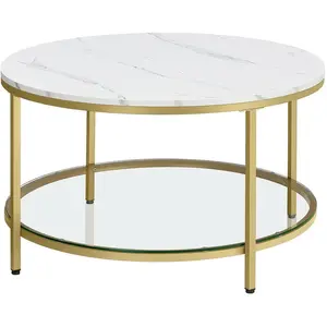 VASAGLE Table basse style moderne blanc marbré et doré métallique, Blanc Marbré + Doré Métallique / 80 x 80 x 46 cm pas cher