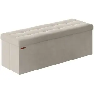 SONGMICS Banc de rangement en velours avec 2 boîtes, Blanc Crème / 38 x 110 x 38 cm