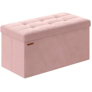 SONGMICS Banc de rangement en velours avec 2 boîtes, Rose Bonbon / 38 x 76 x 38 cm