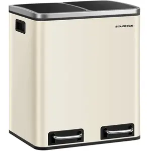 SONGMICS Poubelle en métal 30L à double compartimen, Beige Sable + Noir d'Encre pas cher