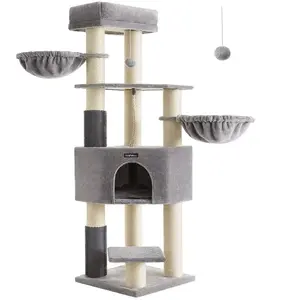 Feandrea Arbre à chat grand et stable avec tapis chaud, Gris Tourterelle + Blanc Crème pas cher