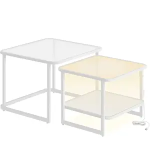 VASAGLE Lot de 2 tables de salon gigognes avec led, Blanc Nuage + Blanc Perle pas cher