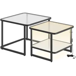 VASAGLE Lot de 2 tables de salon gigognes avec led, Blanc Nuage + Noir d'Encre pas cher