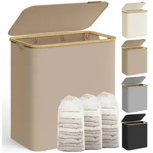 SONGMICS Panier à linge mince avec couvercle, Marron Camel / 150 L pas cher