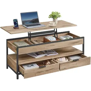 VASAGLE Table basse avec plateau relevable, Marron Camel + Noir d’Encre / 120L x (48-63) H cm pas cher