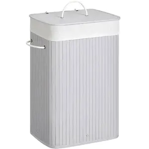 Songmics Panier à linge avec couvercle 72L en bambou pliable, Gris pas cher