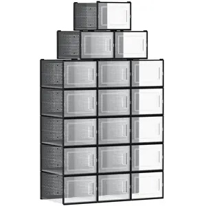 Comparateur de prix : VASAGLE SONGMICS Boîtes à Chaussures, Lot de 18, Pliable, pour Pointure Jusqu’à 46, Transparent et Noir LSP007B18