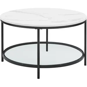 VASAGLE Table basse effet bois verre trempé acier blanc marbré et noir pas cher