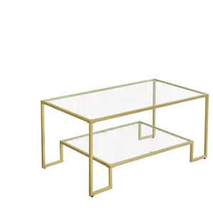 VASAGLE Table basse 2 niveaux en verre trempé doré métallique pas cher