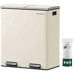 Comparateur de prix : SONGMICS Poubelle à Double Compartiment 2 x 30L, avec 15 Sacs Poubelles, Pédales en Métal, 2 Seaux en Plastique, Couvercles, Poignées, Fermeture en Douceur,
