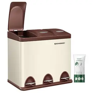 Songmics Poubelle de cuisine 3 compartiments, Blanc Cassé + Marron pas cher