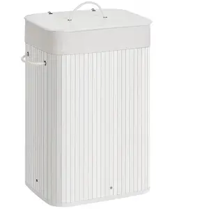 Songmics Panier à linge avec couvercle 72L en bambou pliable, Blanc pas cher