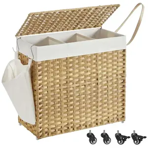 Comparateur de prix : SONGMICS Panier à Linge 3 Compartiments sur Roulettes Imitation Jonc Naturel