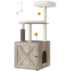 FEANDREA Arbre à Chat avec Maison de Toilettes, Grège