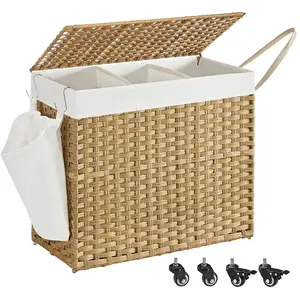 SONGMICS Panier à linge avec roulettes 3 compartiments, Couleur Boisée / 70 x 36 x 66 cm pas cher