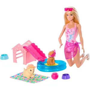 Mattel Poupée Et Chiots à La Piscine Barbie pas cher