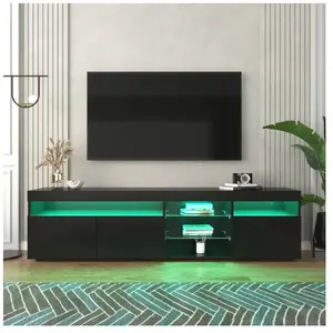 Keepbuying - Meuble tv Moderne Noir avec led - Étagères en Verre 3 Por... pas cher