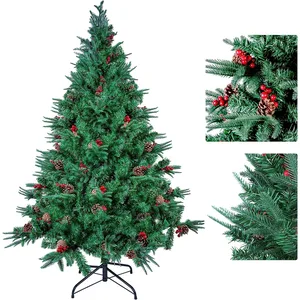 himaly Sapin de Noel Artificiel 210cm, 900 Branches, 60 Pommes de Pin Vraies, 60 Fruits Rouges, et Support en Métal Robuste, Matériau en PVC, Décoration Noël pas cher