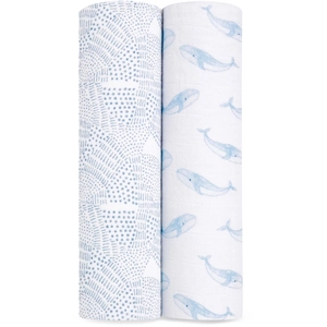 aden + anais Oceanic Maxi-Lange - Pack de 2 | Ensenble de Langes 100% Mousseline de Coton Biologique resprirante pour bébé | Imprimés Bleu, Baleine, étoiles