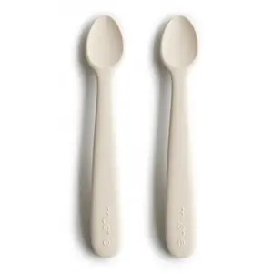 Lot De 2 Cuillères Bébé Silicone Ivoire - Apprentissage Repas - Mushie Beige pas cher
