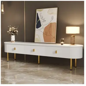 NECHE Meuble tv led 174 x 35 x 41cm,Commode tv élégante avec 3 Tiroirs,Coins incurvés,Pieds dorés,Design Élégant,Blanc pas cher