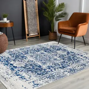 SURYA Tapis vintage oriental bleu blanc 160x220 cm JULIETTE pas cher