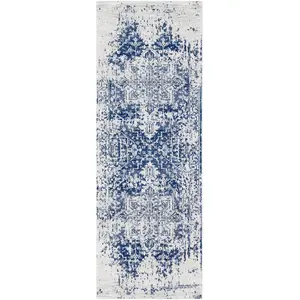 SURYA Tapis de couloir vintage oriental bleu blanc 80x220 cm JULIETTE pas cher