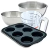 Image de Zenker 9377450 Set à Pâtisserie Moule à 6 Muffins 28 x 18 cm, Silicone Fibre de Verre, Gâteaux, Cupcakes, 2 Bols Inox 20,5 et 25 cm, Verre Mesureur Plastique 1 L, Spatule, Noir, Rose
