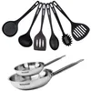 Image de Fackelmann 9438550 Set Poêle Tous Feux Induction 20 et 28 cm en Acier Inox 18/8 avec 6 Ustensiles Eterna, Sans PFAS, Manche Riveté, Inox, Plastique