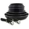 Image de MENASTYL - Batterie de cuisine amovible 8 pièces antiadhésives tous feux dont induction et lave-vaisselle   Lot de 3 poêles 20/24/28 cm + 3 casseroles 16/18/20 cm + 2 poignées amovibles sécurisées
