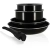 Image de MENASTYL - Batterie de cuisine amovible 5 pièces Iris en aluminium noir antiadhésive - Compatible tous feux dont induction et lave-vaisselle - 2 casseroles + 2 poêles + 1 poignée amovible - 6020437