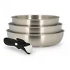 Image de MENASTYL - Lot de 3 poêles inox 18/10 amovibles Iris Inox sans PFAS - Tous feux dont induction, four, réfrigérateur et lave-vaisselle - Empilables et résistantes - Poignée double sécurité