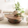 Image de MACABANE SIXTINE - Table Basse Coque Ronde 100x100cm Double Plateau Teck recyclé métal Noir