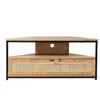 Image de Calicosy - Meuble TV d'angle 1 Porte Rabattable - Cannage en Rotin - Décor Bois - Panneaux De Particules - Pieds Métal - Salon Ou Chambre - Style Exotique Et Naturel - L 100 x P 30 x H 45 cm