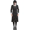 Image de Chaks - Robe Wednesday Addams pour femme, costume officiel Wednesday, tenue noire avec col blanc pour Halloween et carnaval