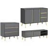 Image de HOMCOM Ensemble de Commode 3 tiroirs, Buffet et Meuble TV Design scandinave - Meuble de Rangement sans poignée - Banc TV pour télévision jusqu'à 55 Pouces avec Passe-câbles - Gris Anthracite