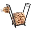 Image de Outsunny Porte-bûches intérieur, range-bûches intérieur, avec crochets latéraux pour ranger, roues, trapézoïdale inversée, charge max. de 50 kg, 79 x 30 x 81 cm, métal, noir