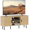 Image de HOMCOM Meuble TV, Banc TV, avec 2 Portes Tambour à lamelles, 120 cm, Design scandinave, Meuble TV pour télévision jusqu'à 55 Pouces, Ton chêne