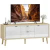 Image de HOMCOM Meuble TV 120 cm, 2 Portes à Haute Brillance, Meuble télé pour jusqu'à 55 Pouces, 2 tiroirs Silencieux, étagères réglables, Style Moderne, Banc TV pour Salon, Chambre à Coucher, Blanc et chêne